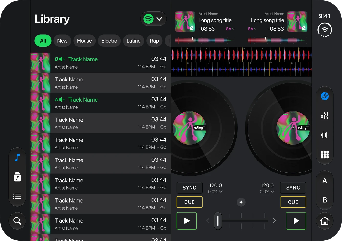 Music library beside two decks on partially folded iPhone Duo