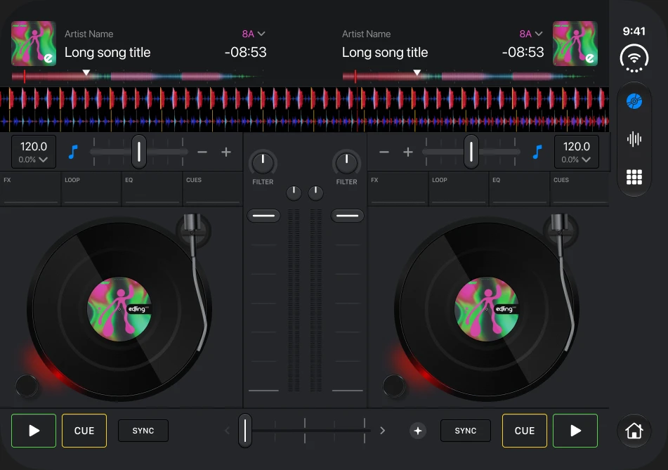 Classic mode with two decks and waveforms on unfolded iPhone Duo